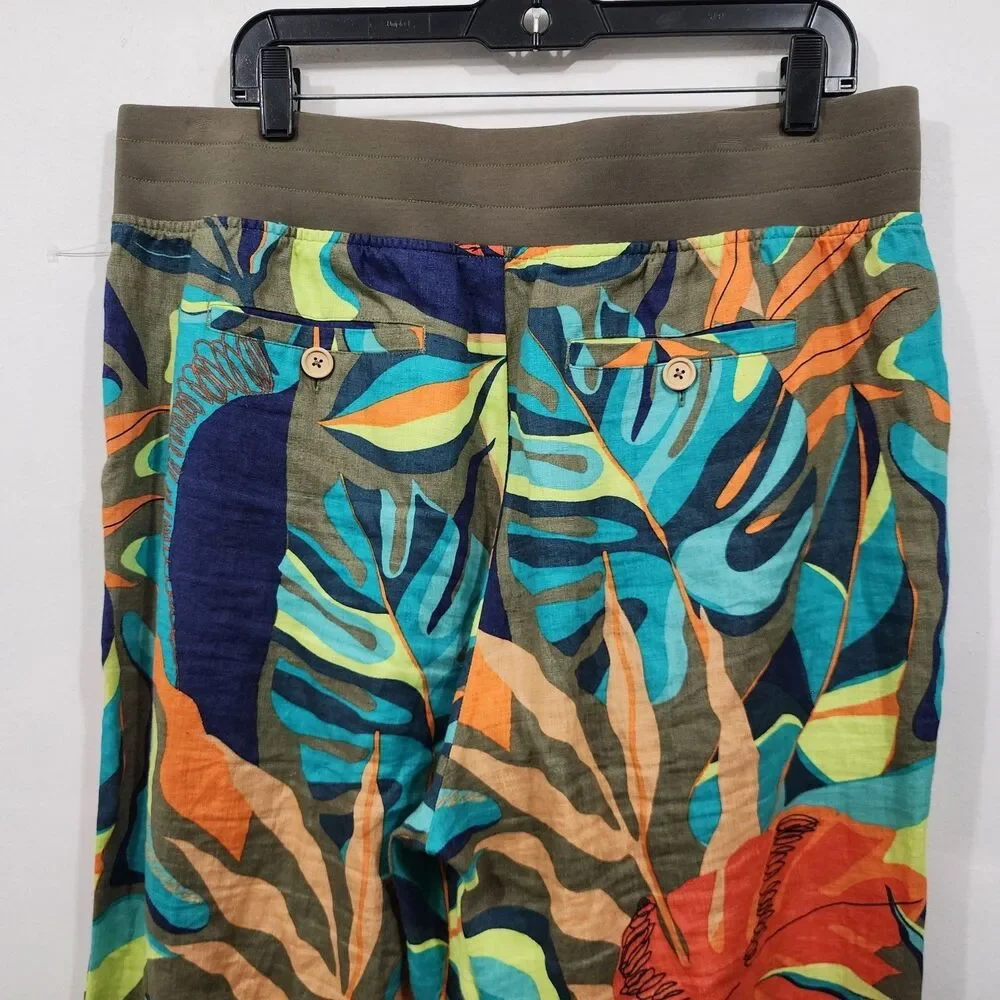 Soft Surroundings Aliso Point Tropical Linen Pants Hawaiian Green Wide Leg Sz L